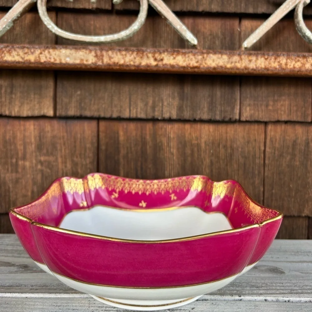 Vintage French Floral Pink Ornate Square Bowl with Gold Trim. Limogues France